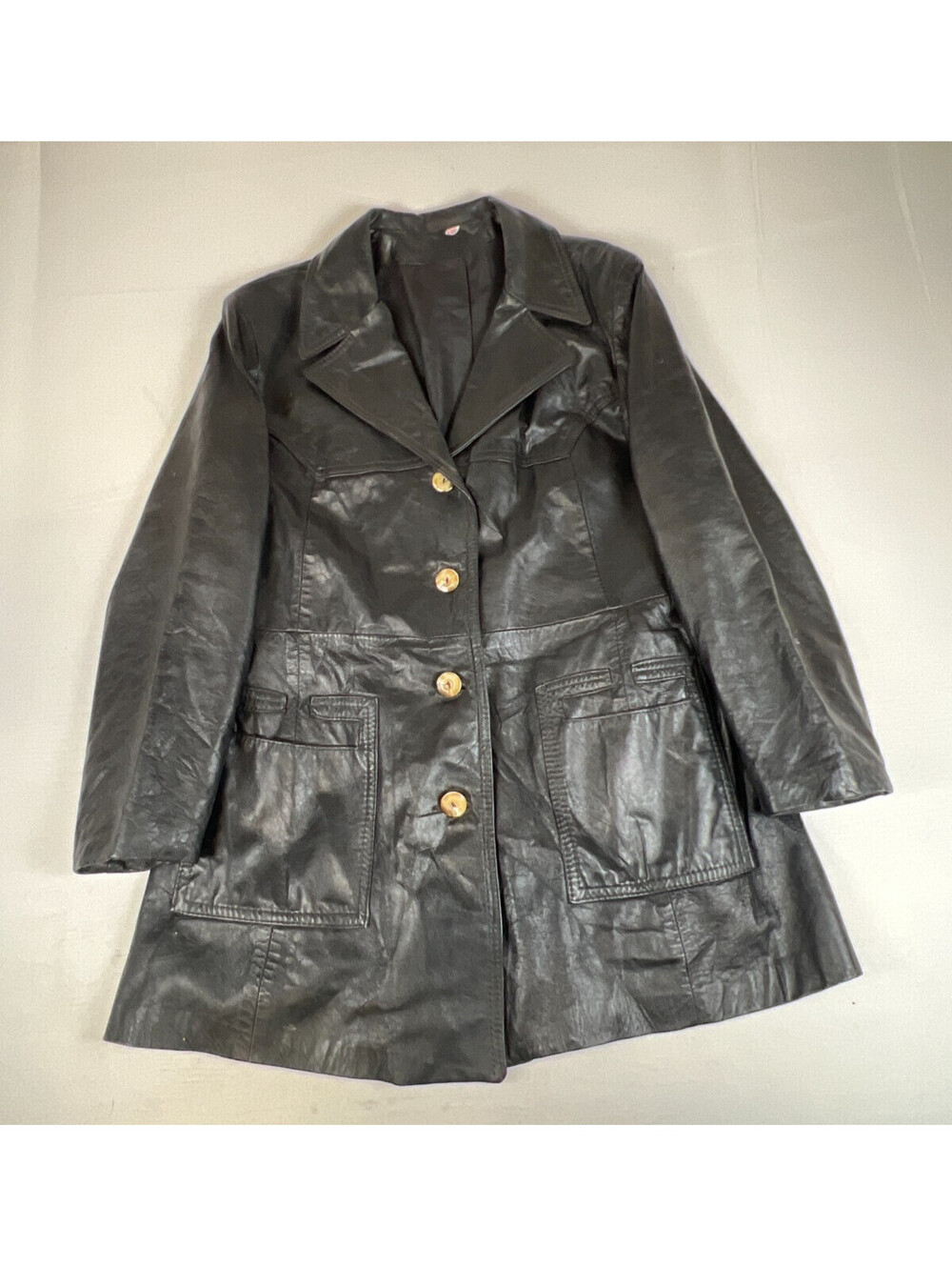 Vintage Women Size 16 Black Leather Long Trench Coat Jacket